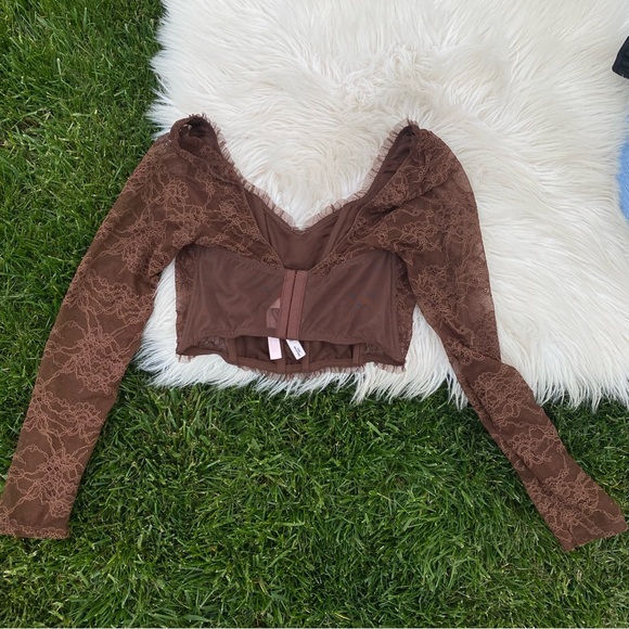 Victoria’s Secret Dream Angels Shimmer Long Sleeve Corset Top Brown Lace Medium - Picture 7 of 7